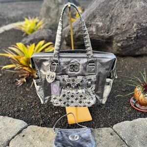 Sharif Metallic Silver & Snakeskin Tote w/ Matching Wristlet NWOT with Flaws